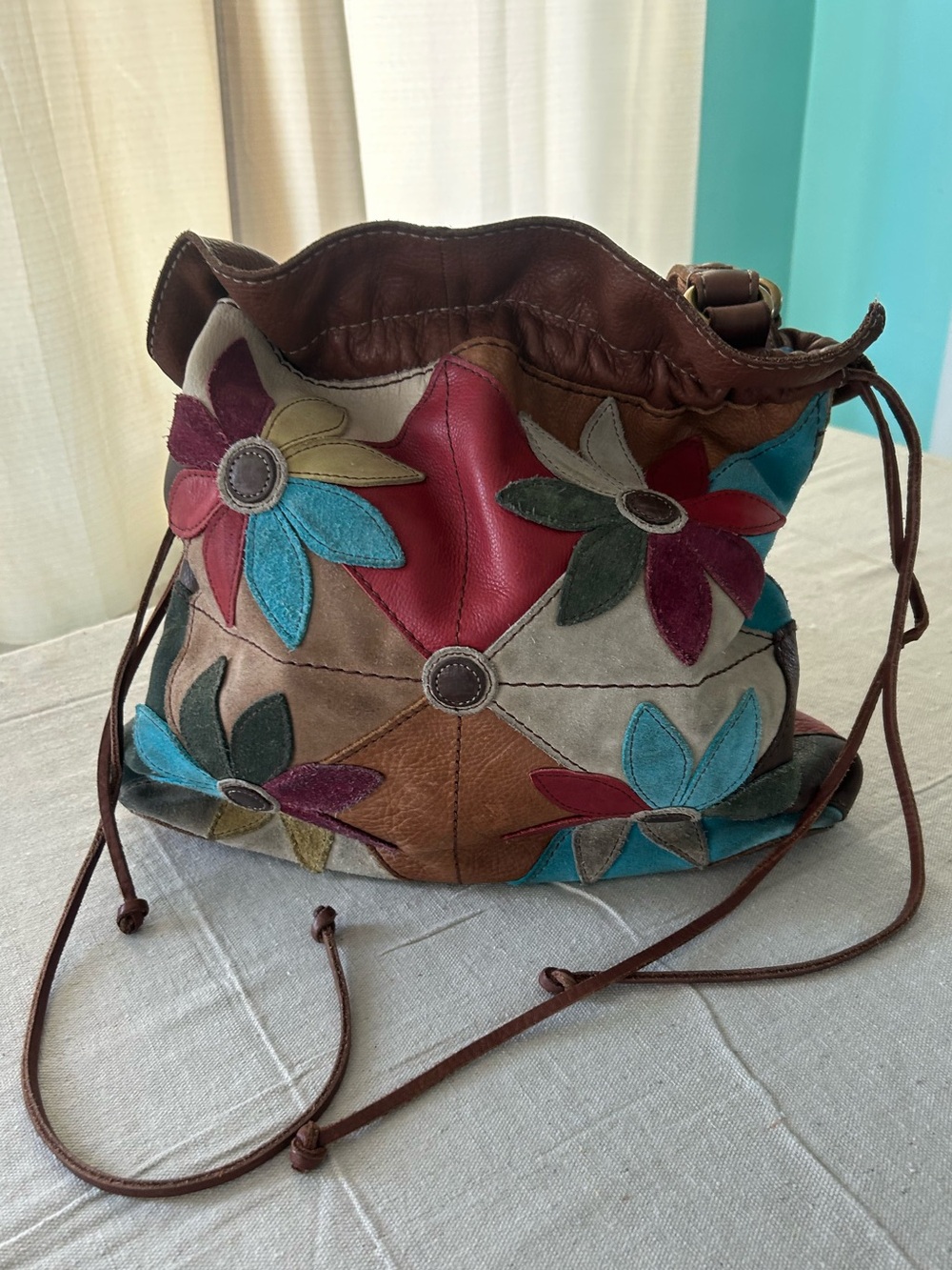 Vintage Lucky Brand Colorful Patchwork Floral Suede Leather Bucket Boho Hobo bag